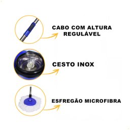 Balde Mop Giratório Esfregão C/ Alça Cesto Inox Limpeza Azul - 4