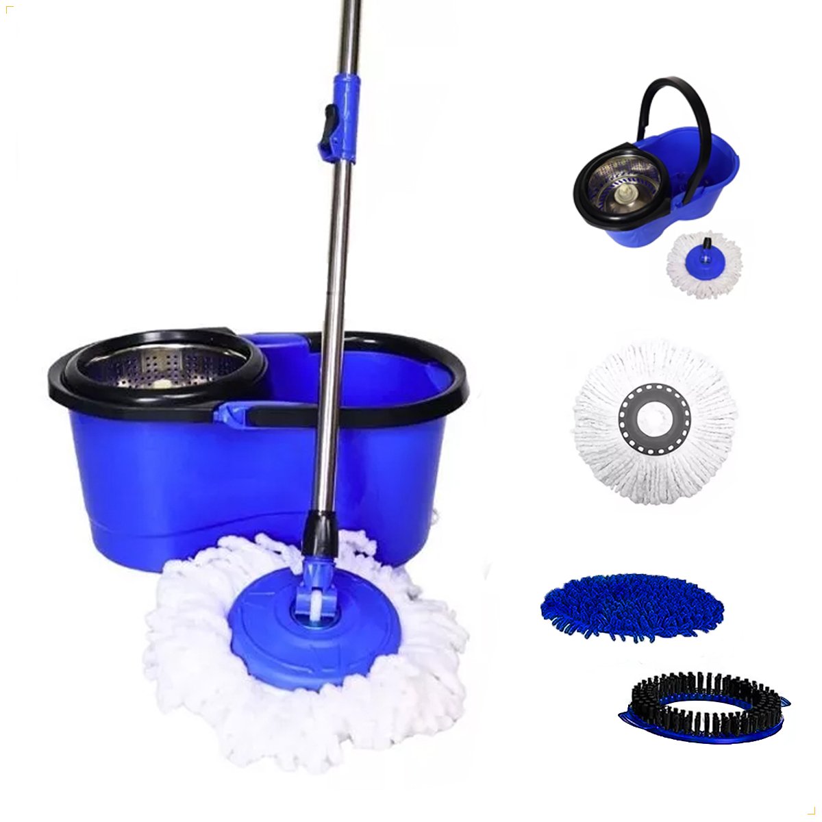 Balde Mop Giratório Esfregão C/ Alça Cesto Inox Limpeza Azul