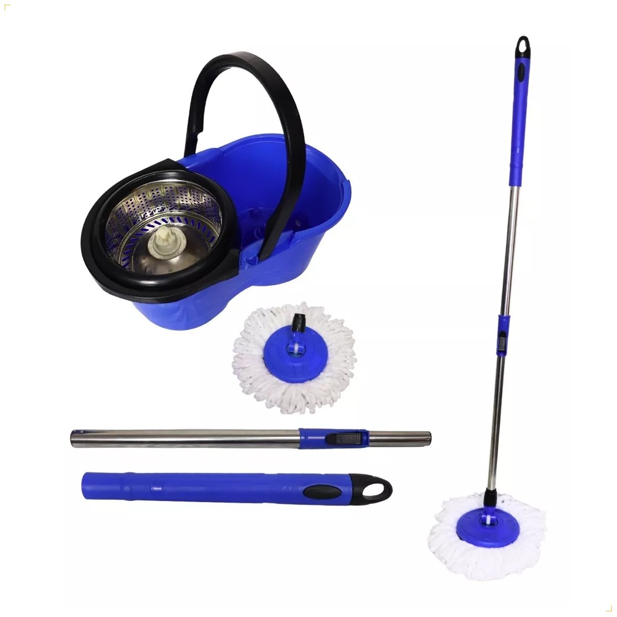 Balde Mop Giratório Esfregão C/ Alça Cesto Inox Limpeza Azul