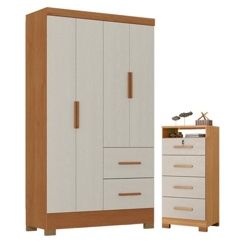 Guarda Roupa Solteiro Primordial Max 4 Portas e Cômoda Primordial Max 4 Gavetas Cinamomo Areia