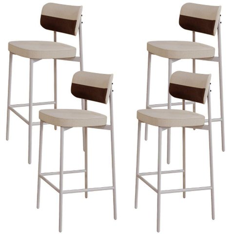 Kit 04 Banquetas Alta Bar Cozinha Sala de Jantar Aço Branco Kaira C01 Linho Areia Courino Whisky -