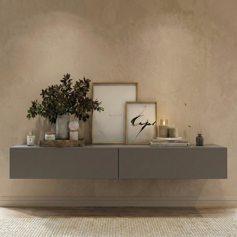 Aparador Eros 110 Suspenso com 2 Gavetas Estilo Minimalista para Sala Estar ou Escritório:cinza