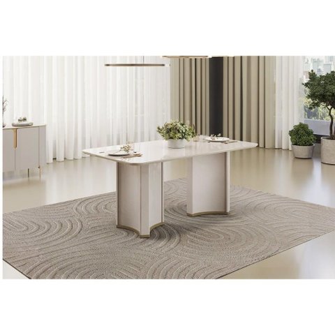 Mesa Multiuso Cozinha Liz C/ Tampo Madeirado C/ Vidro Curvo 180x100cm Off White/off White - Dj Mó