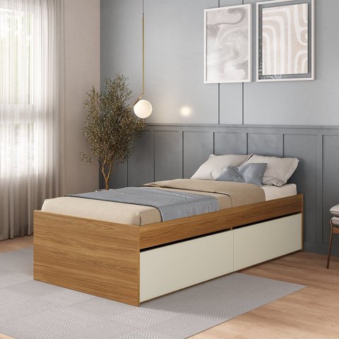 Cama de Solteiro com 2 Gavetas MDF Aurora Yescasa Marrom/Carvalho Hanover