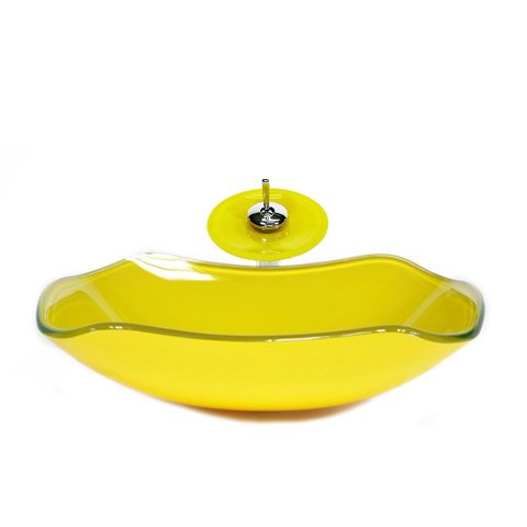 Cuba de Vidro Abaulada 51cm Amarelo + Valvula + Torneira Cascata