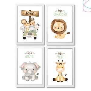 Kit 4 Quadros Decorativos Safari Baby Aquarela moldura vidro:Branca