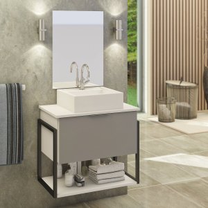 Kit Gabinete Banheiro Completo Industrial Tech Branco/cinza - Cuba Branca 60cm
