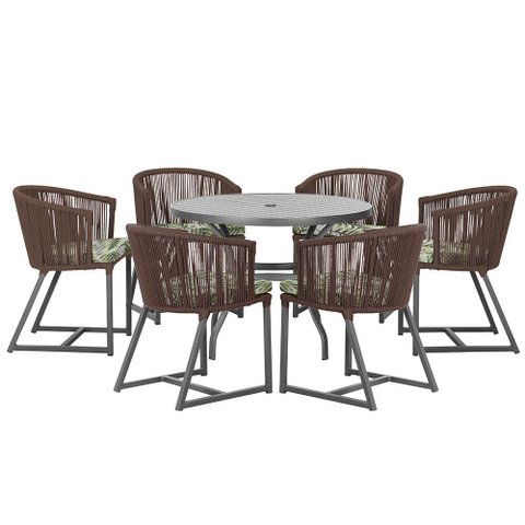 Mesa com 6 Cadeiras de Jantar Roma 120cm e Noronha em Alumínio Preto Corda Náutica Estofado 5 Trama