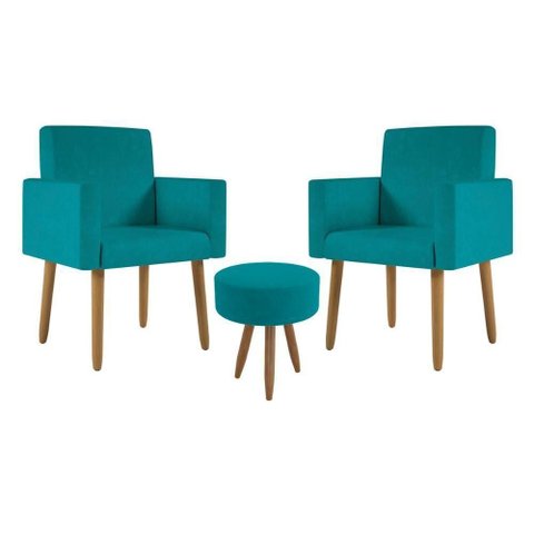 Kit 2 Poltronas Decorativa Sala Nina com Puff Balaqui Decor Azul Turquesa