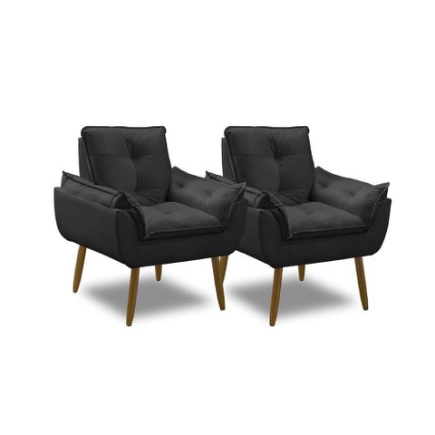 Kit 2 Poltronas para Sala Decorativa Opala Pés Madeira Suede Preto Império Decor