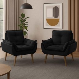 Kit 2 Poltronas para Sala Decorativa Opala Pés Madeira Suede Preto Império Decor - 2
