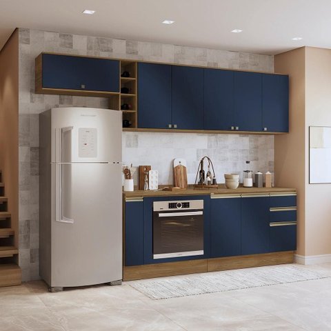 Armário de Cozinha Completa 3 Gavetas 100% Mdf 300cm Nogueira/azul Profundo Celeste Kappesberg