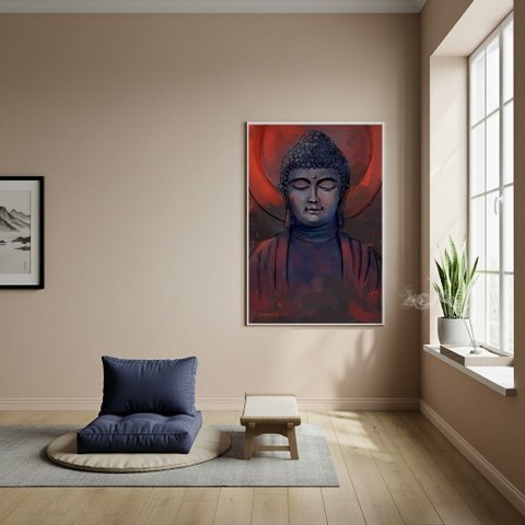 Quadro Decorativo Desenho Buda Tons Escuros - 70x50cm:moldura Branca