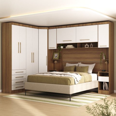 Quarto Modulado Queen de Canto com Guarda-roupas Maleiro e Cabeceira Paris Master Luciane Móveis