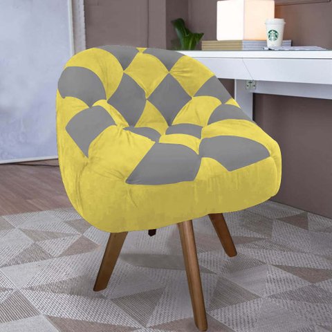 Poltrona Paloma Escritório Sala Giratória Madeira Suede Amarelo e Suede Cinza - Dominic Decor