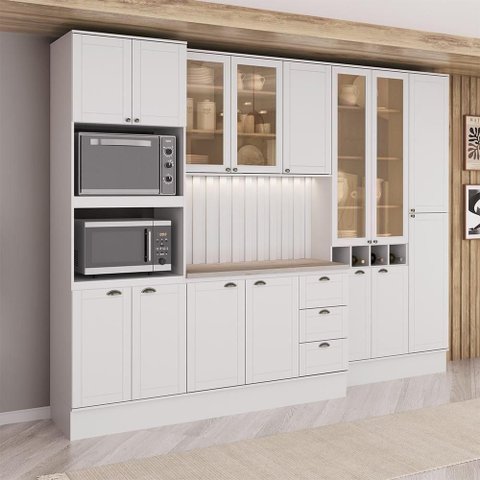 Cozinha Milla Chicago 15 Portas 3 Gavetas MDF 300cm Branca Móveis Carraro