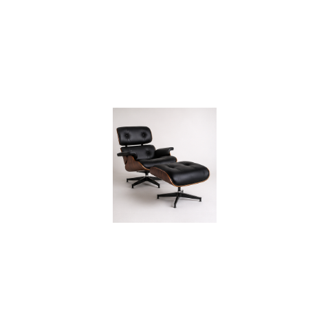 Poltrona Charles Eames com Puff - Pau Ferro em Couro Preto