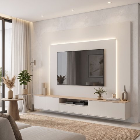 Rack com Painel para TV 84 Polegadas em MDF, com LED Casuá Bege Argila/Galiano