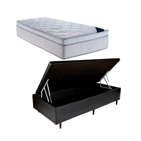 Cama Baú Solteiro 88 Tecido Sintético Preto com Colchão Toronto Molas Ensacadas Branco D33