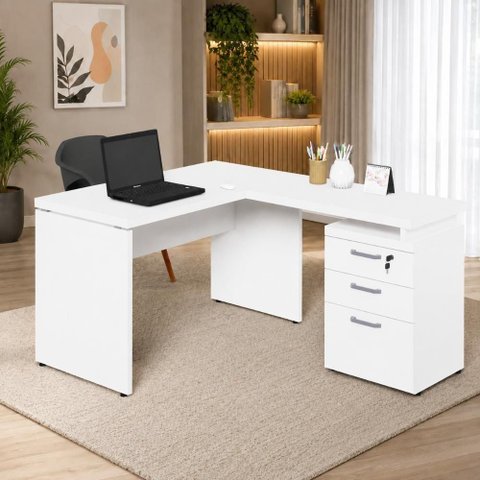 Mesa em L Mesa em L 1,20m com Gaveteiro 3 Gavetas 120cm Branco F5 Office
