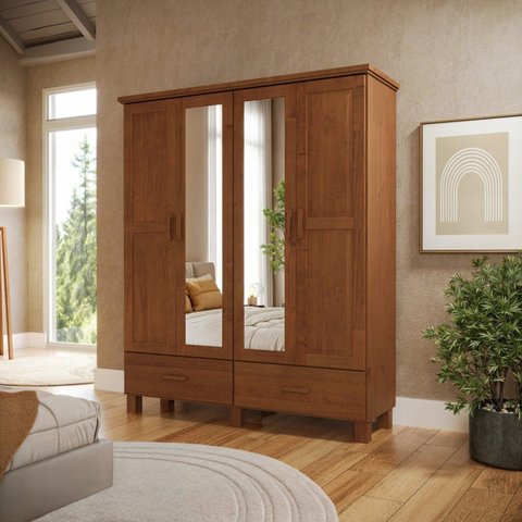 Guarda-Roupa 4 Portas 2 Gavetas com Espelho 100% Madeira Maciça Bronze Marrom/Castanho