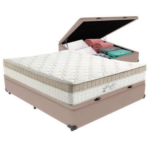 Cama Box com Baú Bege e Colchão Casal King Best Anjos