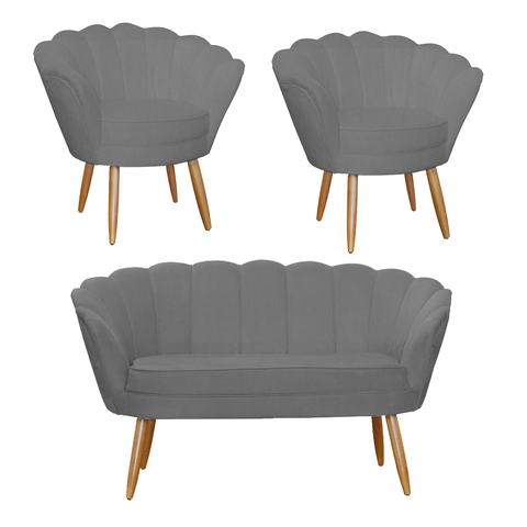 Jogo Pétala Namoradeira e 2 Poltronas Estofada Para Recepção Suede Cinza - LM DECOR