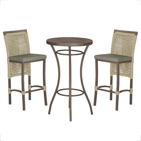 Mesa Bistrô e 2 Banquetas Roma Marrom Corda Estofado 7 Trama Rami
