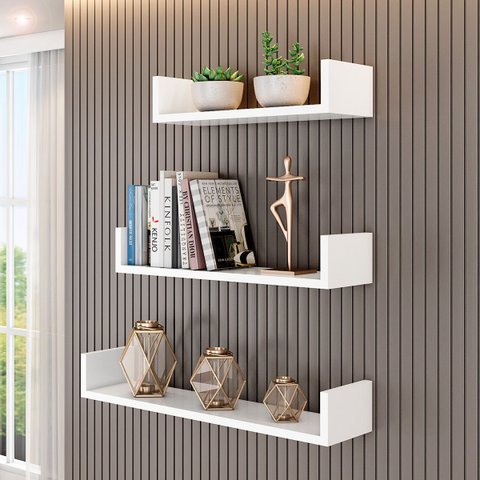 Prateleiras de Decoração em Mdf 40, 50, 60cm em U Sala Livro - Branco
