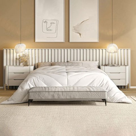 Conjunto Cabeceira Super King 400cm C/ 2 Mesas de Cabeceira Cor:luna com Dourado