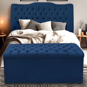 Kit Cabeceira e Calçadeira Baú Dunas Casal 140 Cm - Veludo Azul