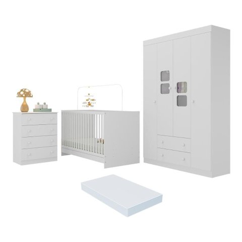 Quarto de Bebê Completo com Berço 3 em 1 com Colchão Incluso Brisa Multimóveis Mp4537 Branco