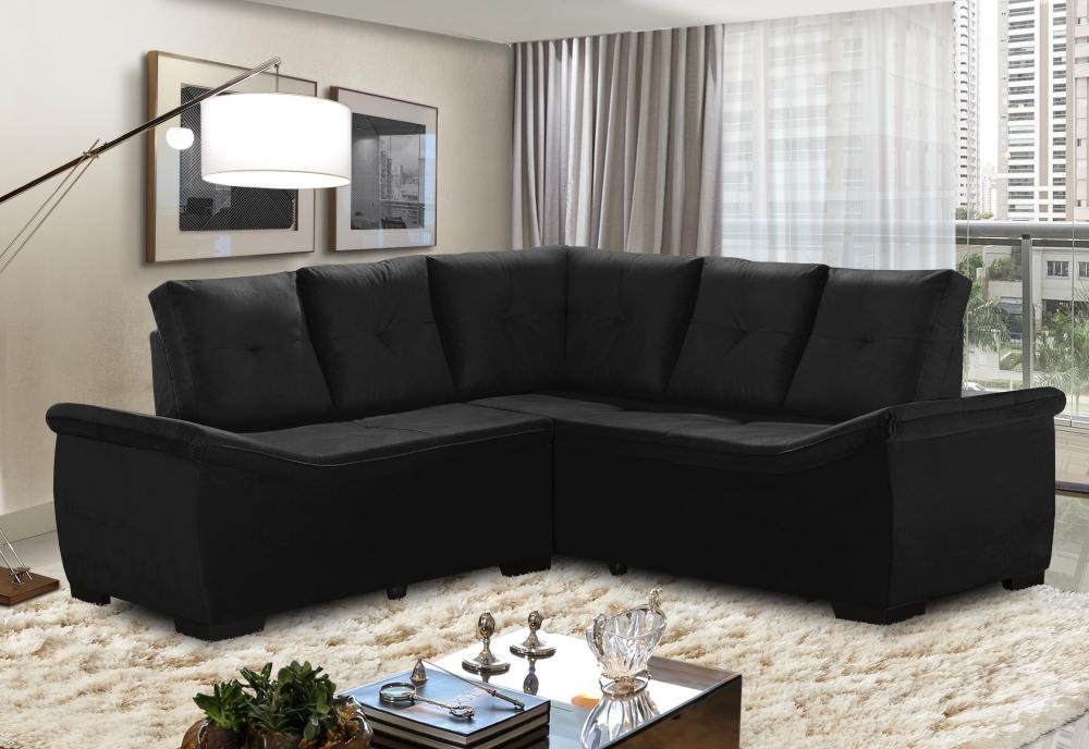 Sofá de Canto Japão 5 lugares Suede Preto - Sofá Casa