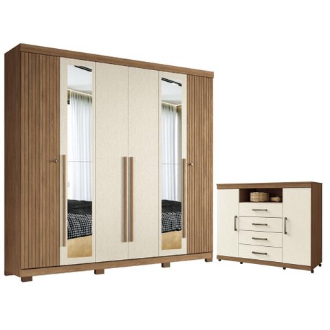 Guarda Roupa Casal Ripado 6 Portas Buriti com Espelho e Pés e Cômoda Havana Master com Rodizio Jatob