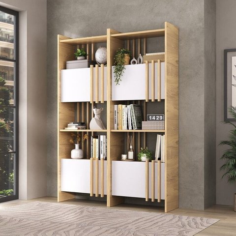 Kit 2 Estantes Livreiros para Escritório e Home Office Arbos Bege/Olmo/Branco Artany