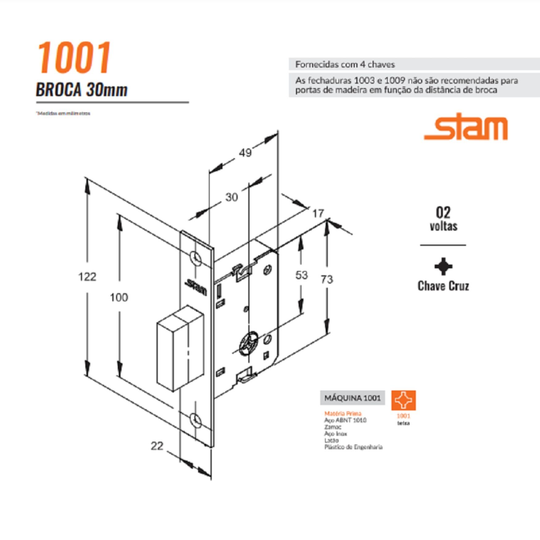 Fechadura Auxiliar 1001 com Espelho Inox Trava Tetra Stam - 6