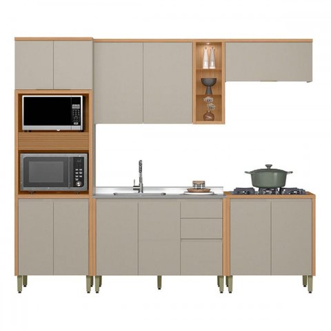 Cozinha Completa Allure 12 Portas 3 Gavetas 100% Mdf Jequitibá/gris Fosco - Linea Brasil