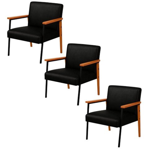 Kit 3 Poltronas Fontana Couro Preto Base em Madeira com Metal Preto