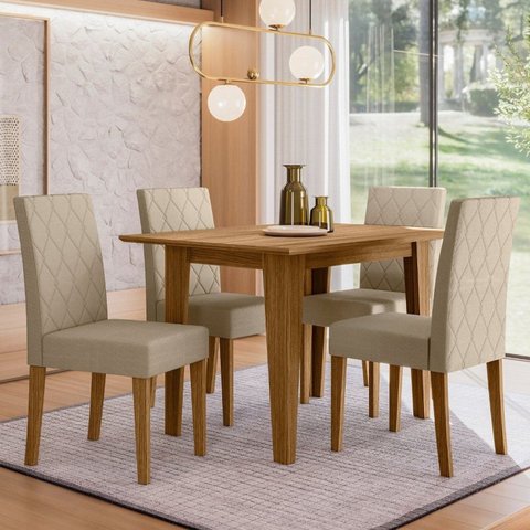 Conjunto Mesa de Jantar Kate 120cm 4 Cadeiras Jade Revestidas em Suede Carvalho/Bege