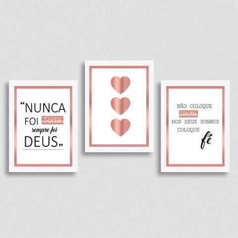 Kit 3 Quadros Frases Questão De Fé 24x18cm:Madeira branca