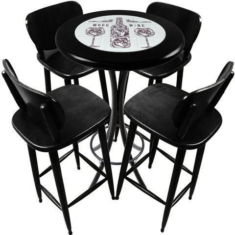 Cj Mesa Madeira Azulejo 60cm - Bistrô Fixa 98cm + 4 Banquetas 73 - Preta - More Wine