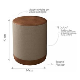 Kit 2 Puff Banqueta Cilindro Linho Bege Couro Caramelo Luxo - Ms - 3