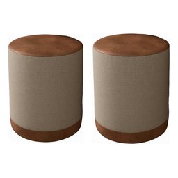 Kit 2 Puff Banqueta Cilindro Linho Bege Couro Caramelo Luxo - Ms - 1