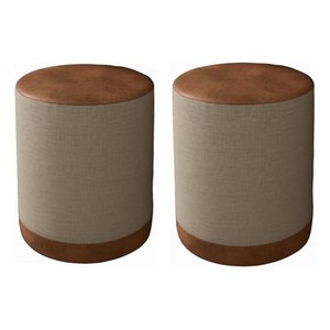 Kit 2 Puff Banqueta Cilindro Linho Bege Couro Caramelo Luxo - Ms