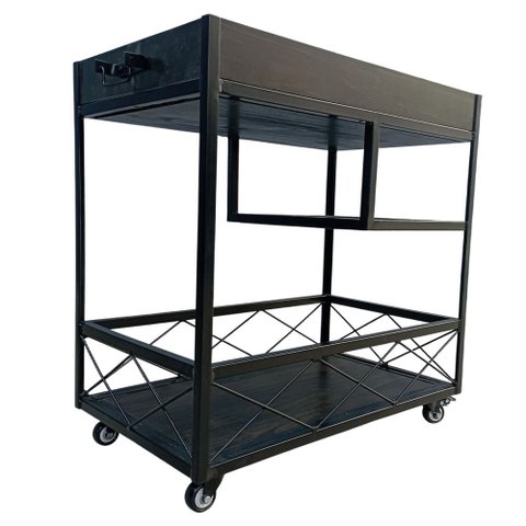 Carrinho Auxiliar Multiuso Modelo Industrial Ferro e Madeira Cor Preta