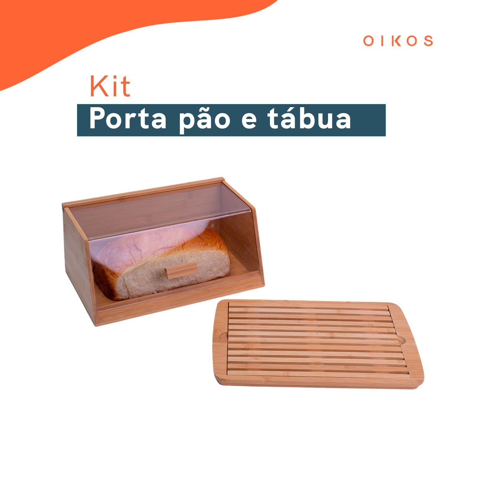 Kit com porta pão de bambu 35 cm e tábua migalheira de pão em bambu - Oikos - 2