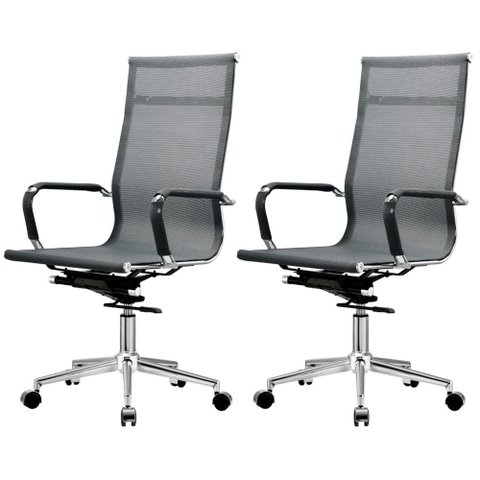 Kit 2 Cadeiras Giratória Office Sydney Presidente Fratini Tela Preta Base Rodízio Aço Cromado