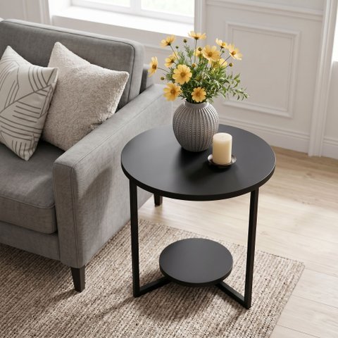 Mesa de Canto Redonda Siena 49cm em MDF Pés de Aço Estilo Industrial Decorativa Preto Lh Móveis