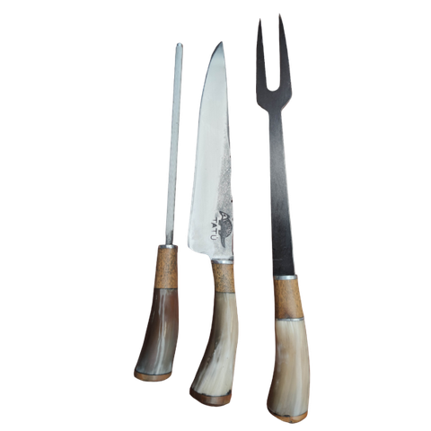 Kit Churrasco Artesanal Faca Chaira e Garfo e Bainha de Couro