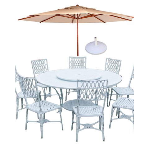 Conjunto Mesa Jantar Giratória 8 Cadeiras de Jardim e Ombrelone Piscina